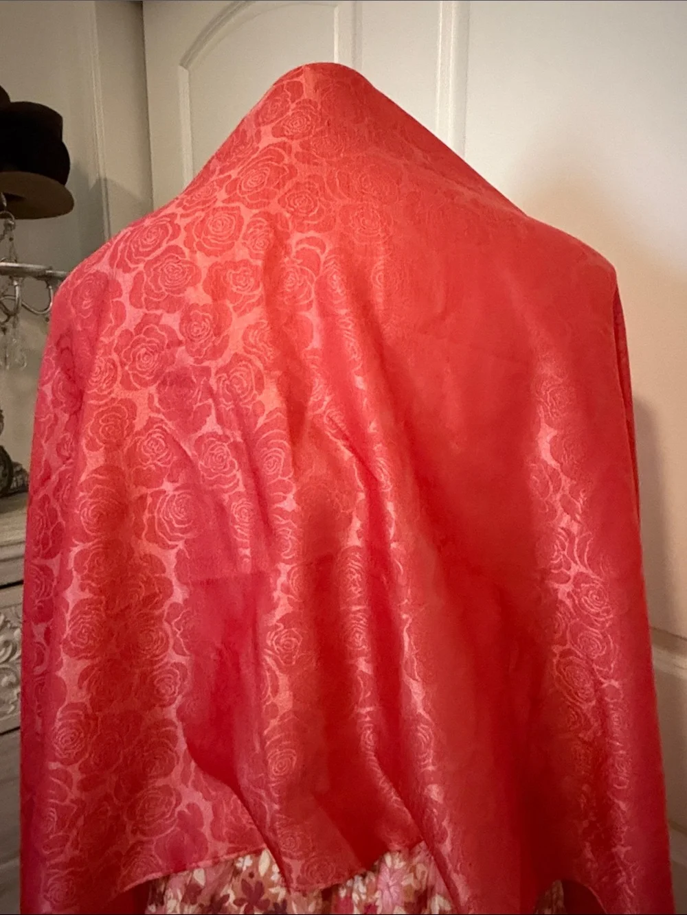 Coral silk Floral Jacquard scarf